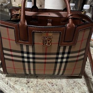 New Burberry Checkered Tote with Brown Leather